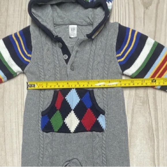 Baby Gap Boys 3-6 Months One Piece Sweater Romper Hood Argyle Stripe - Picture 6 of 7